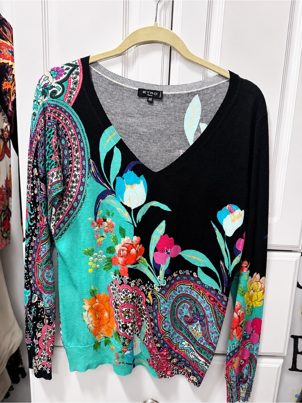 Etro Black, Teal & Multicolor Floral Paisley V-Neck Long Sleeve Top